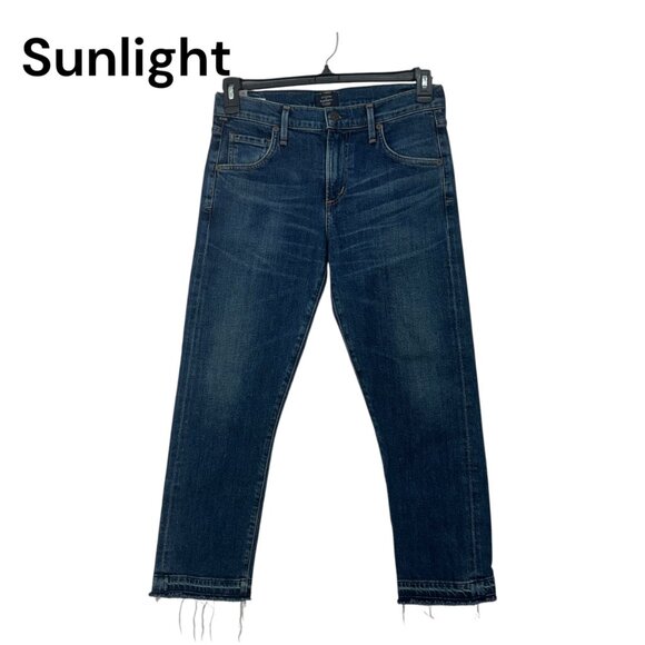 Citizens Of Humanity Emerson Crop Slim Boyfriend Jeans Size 26 Dark Blue Raw Hem - Picture 1 of 16